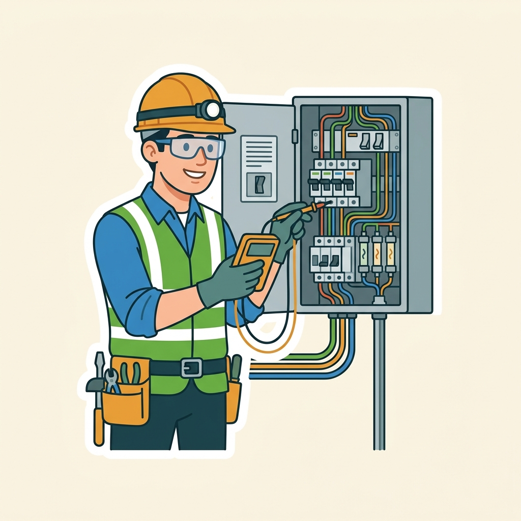 Animated illustration of a licensed electrician working on a residential switchboard