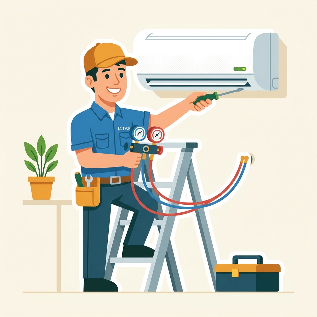 Animated illustration of a refrigeration specialist installing a split system air conditioner