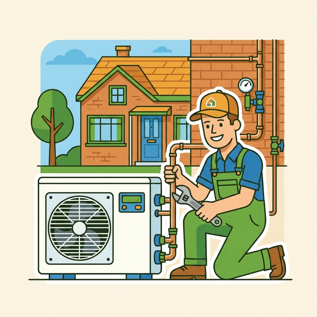Animated illustration of a licensed plumber installing a heat pump hot water system